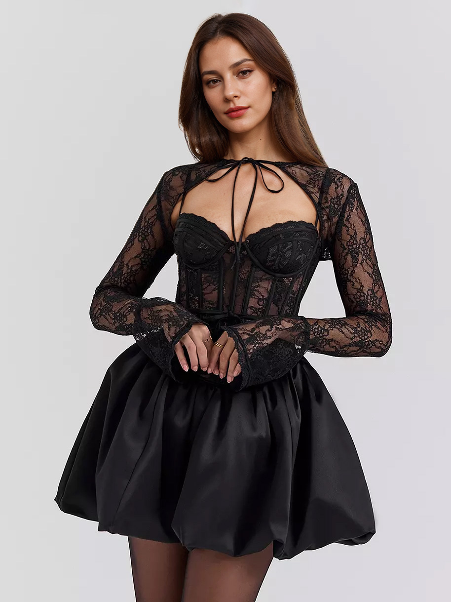 Robe corset en dentelle noire avec boléro amovible Robe mini bouffante de fête d'anniversaire pour femme 2025