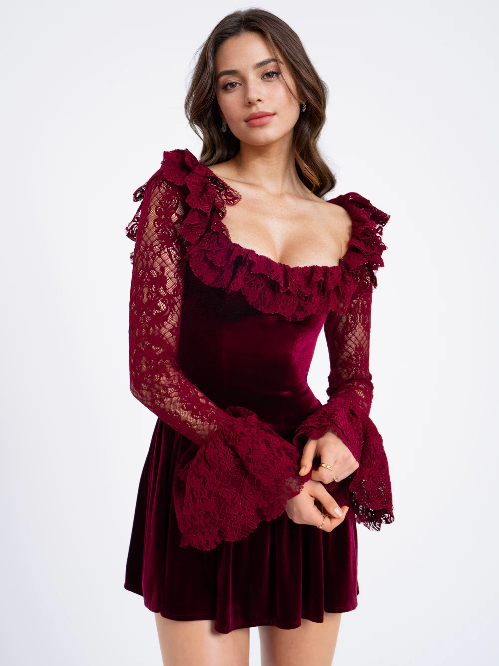 Robe vintage en velours avec manches évasées en dentelle bordeaux col carré mini robe de fête d'anniversaire 2025