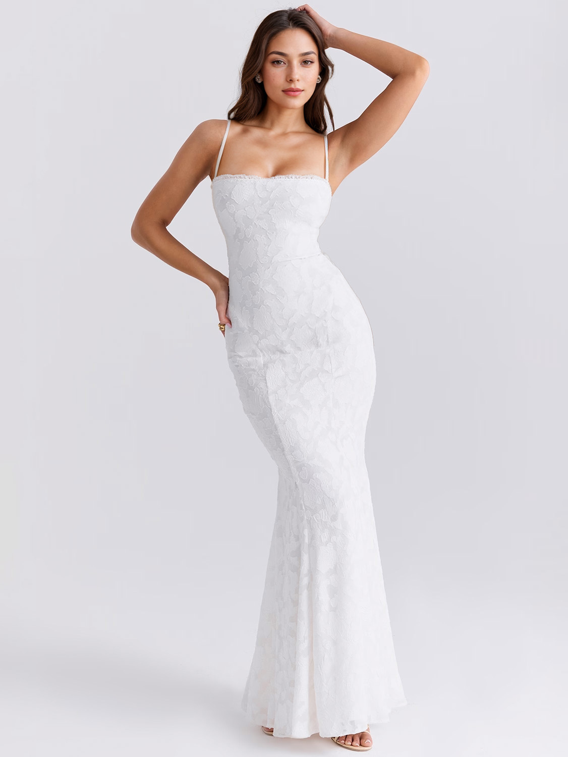 Robe longue moulante blanche avec dos à lacets Robe sirène en dentelle dévorée pour femme 2025