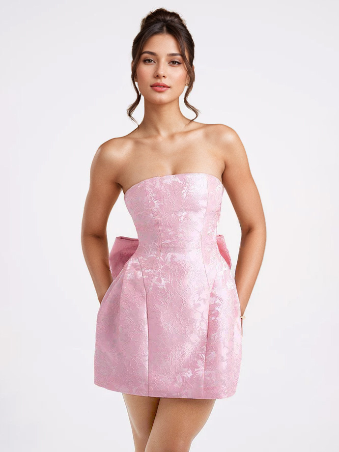 Robe bustier fleurie rose avec nœud papillon mini robe trapèze pour fête d'anniversaire pour femme 2025