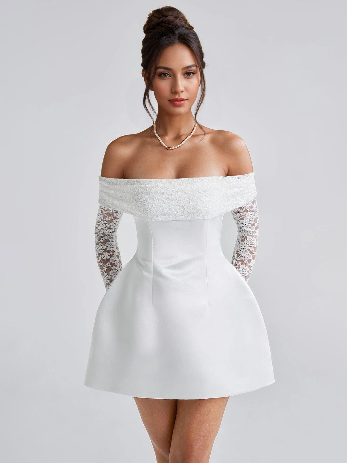 Robe mini à épaules dénudées avec dentelle à manches longues Robe de soirée d&#39;anniversaire pour femme 2025