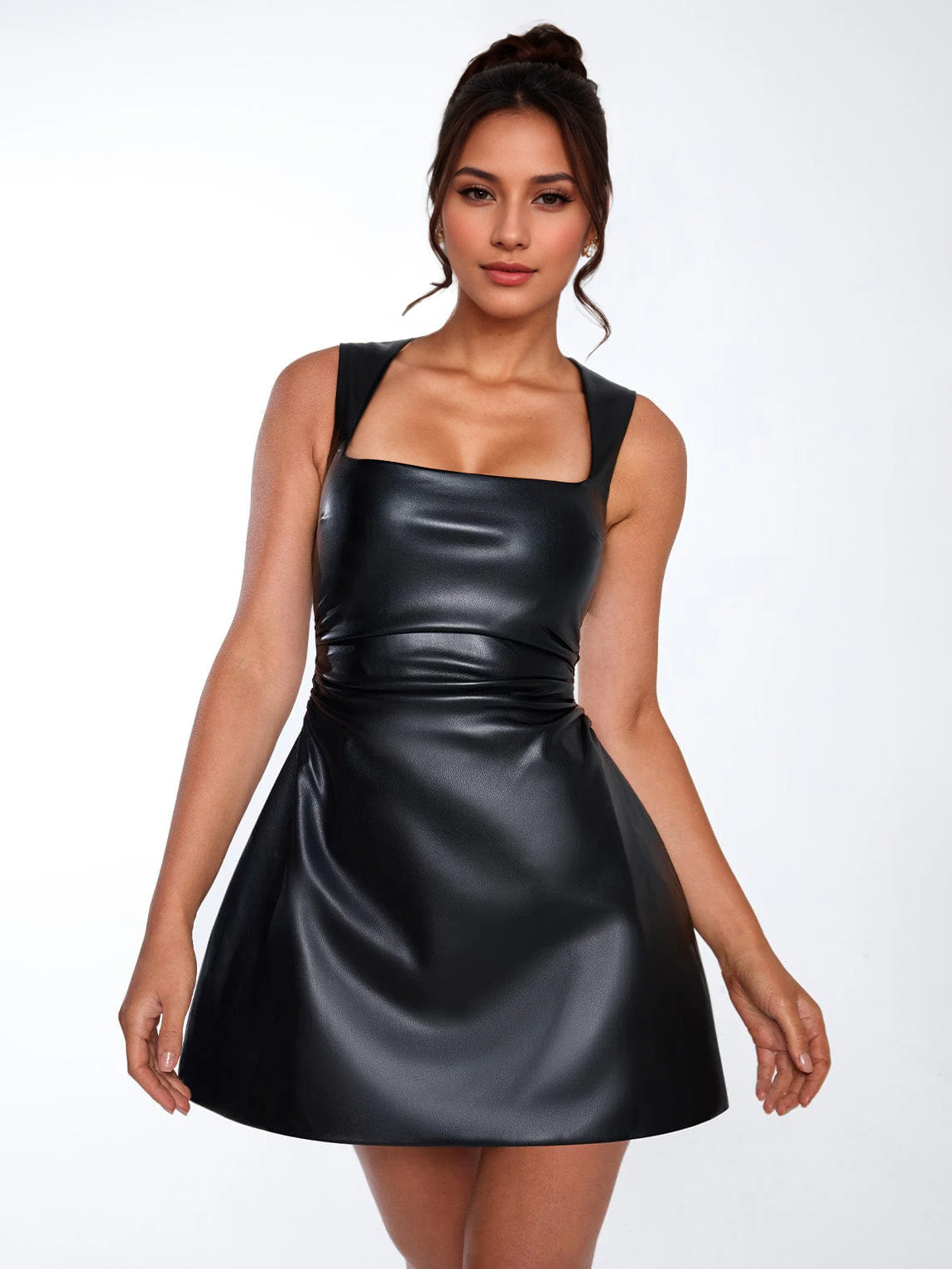 Robe en similicuir à col carré et taille froncée mini robe de club trapèze pour femme 2025