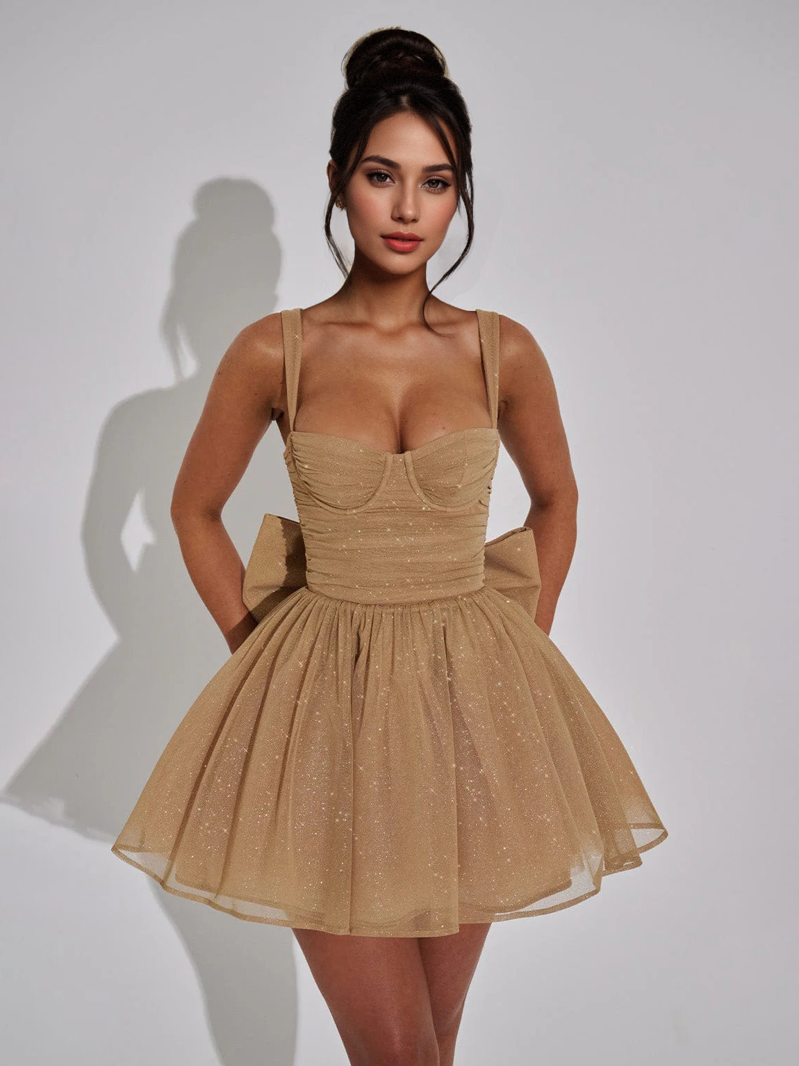 Robe mini pailletée avec nœud papillon robe trapèze à bretelles pour fête d&#39;anniversaire pour femmes 2025