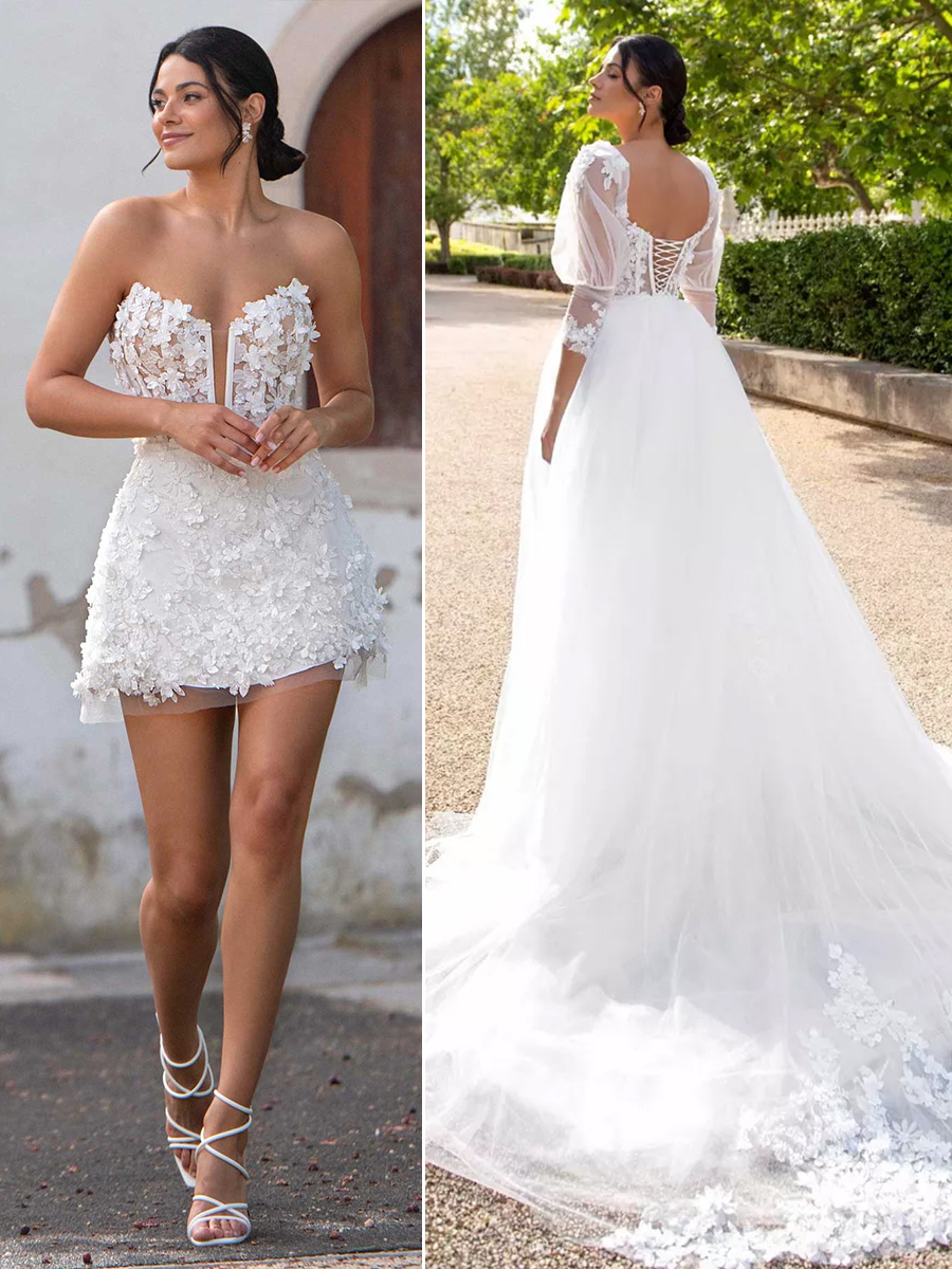 Robe de mariée courte deux pièces A-Line manches 3/4 en tulle col en V