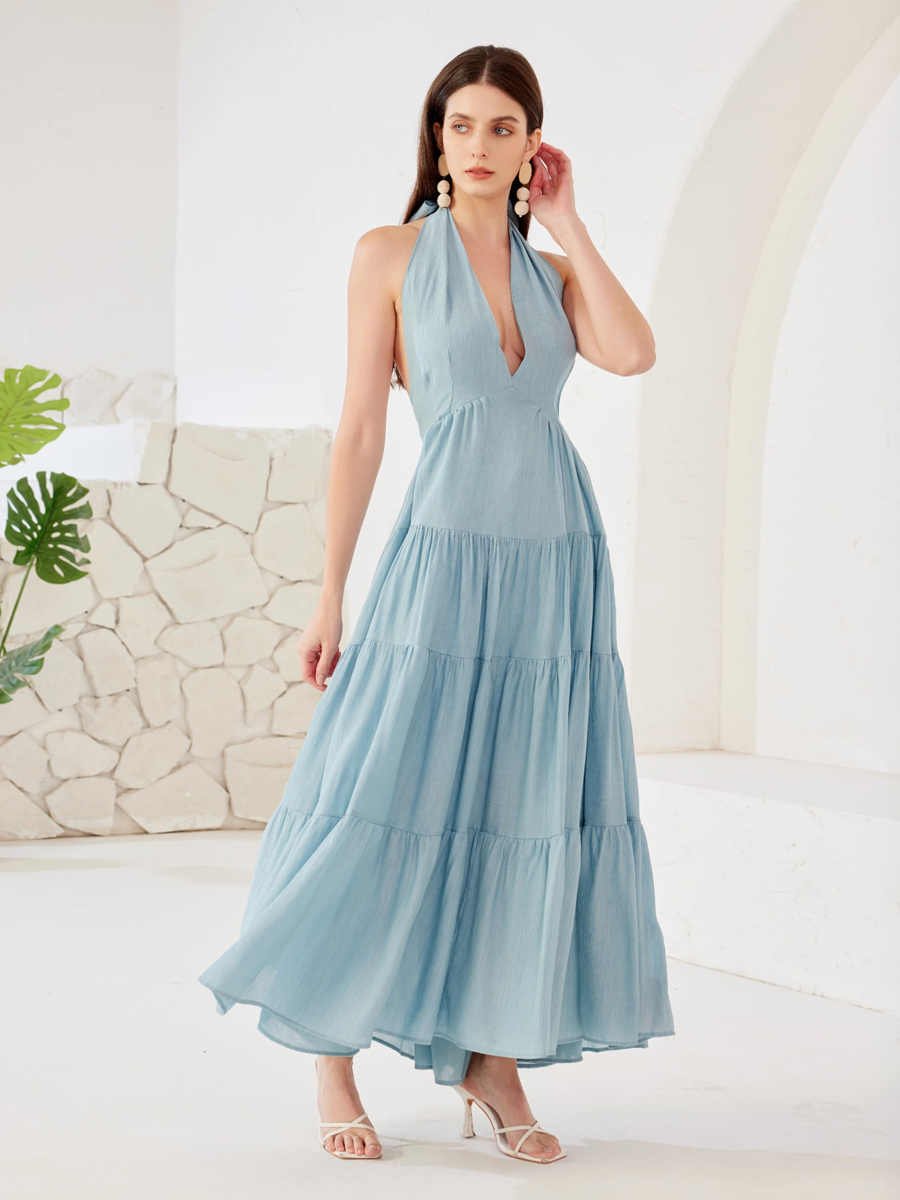 Robe longue d&#39;été à col licou style bohème pour femme tenue de plage superposée en coupe A 2025