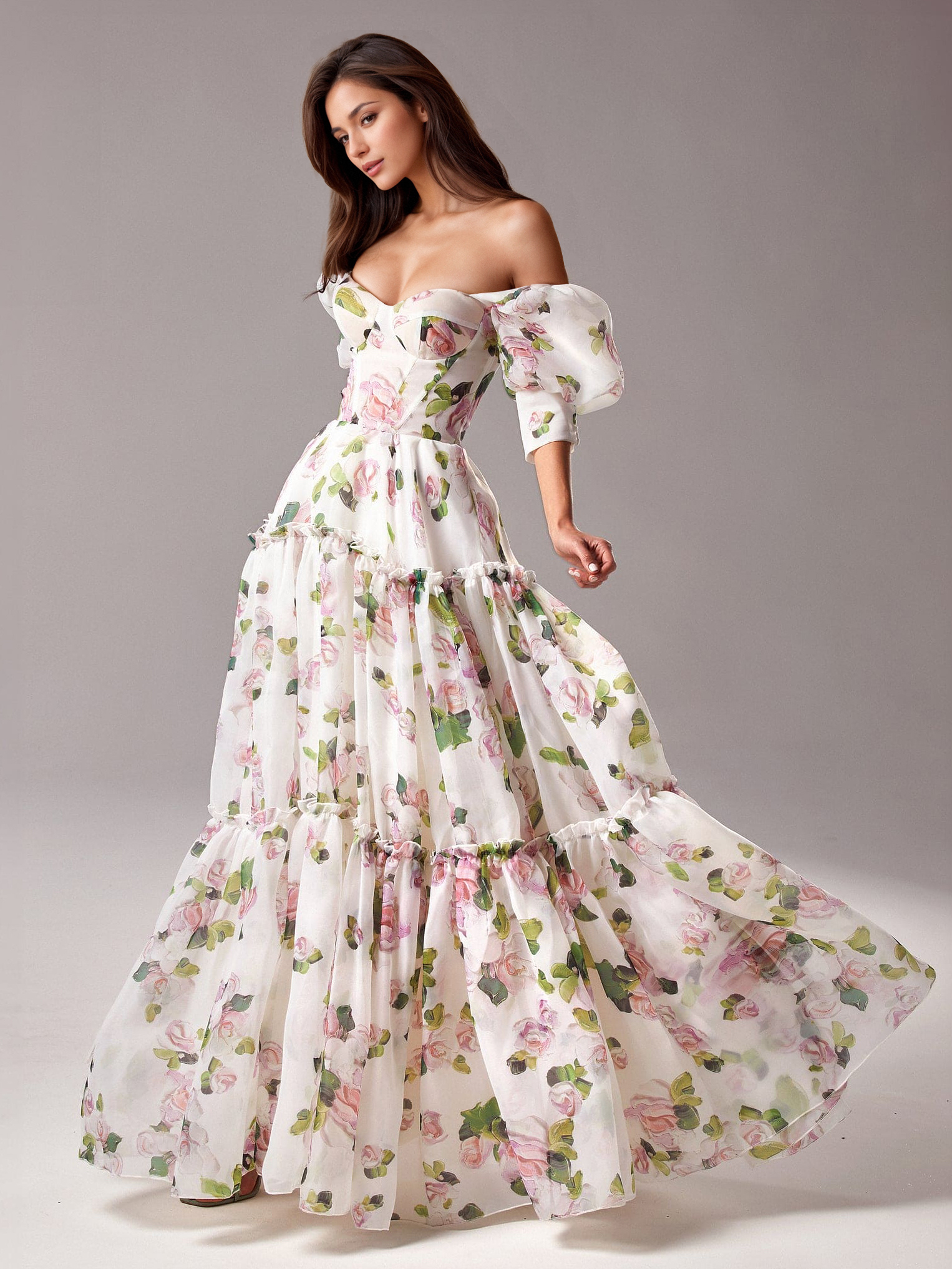 Robe De Soirée Rose Fleurie Longue Col Bateau Volants Manches Courtes Robe Semi-Formelle