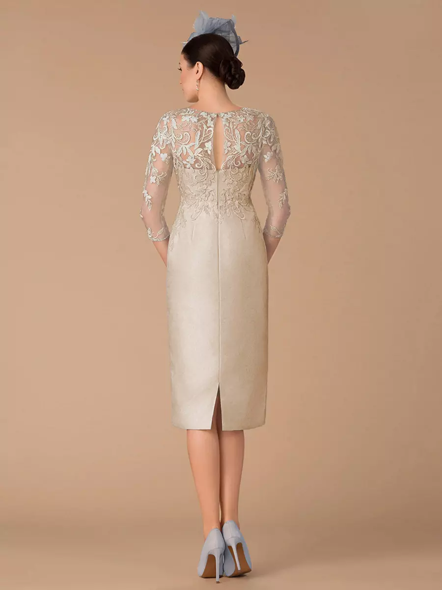 chinese dress ladies Sheath / Column Mother of The Bride Dress Wedding Guest Luxurious Elegant Jewel Neck Knee Length Lace Charmeuse Cap Sleeve with Beading Appliques Fall main image 1