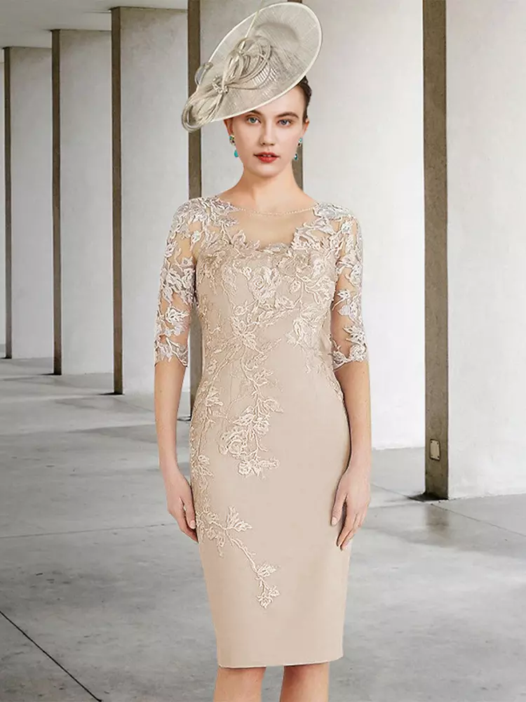 knee length dresses for ladies Sheath Blush Long Lace Mother Of The Bride Dress with Sleeves – Pgmdress main image 0