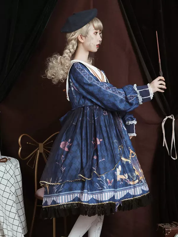 ロリータOPドレスポリエステル長袖ボウコンレースフリルスウィート