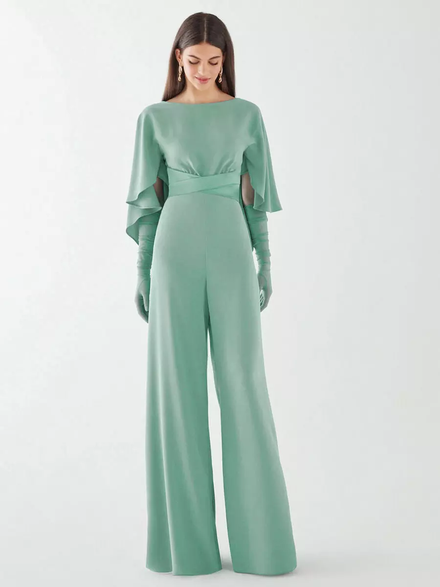 Evening Dress Jumpsuit Jewel Neck Stretch Crepe Floor-Length Sash Formal  Dinner Dresses - Milanoo.com