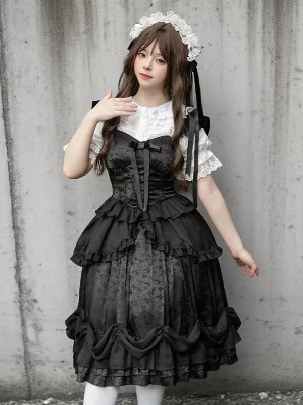 Lolitashow JSK ゴシック ロリータ ドレス フリル レース ブラック
