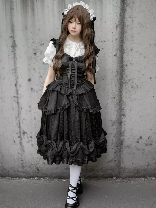 エレガントな黒のフリルドレス Lolitashow JSK ゴシック ロリータ ドレス フリル レース ブラック