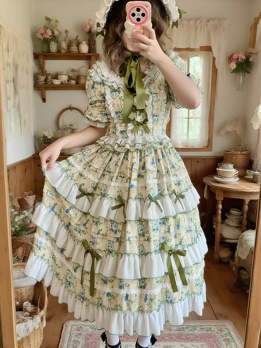 Lolitashow Exclusive Classic Lolita Dress Polyester Short Sleeves Floral  Print Green Tea Party Dress - Lolitashow.com