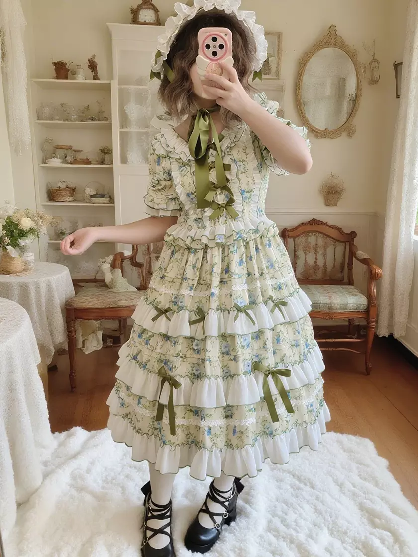 Lolitashow Exclusive Classic Lolita Dress Polyester Short Sleeves Floral  Print Green Tea Party Dress - Lolitashow.com
