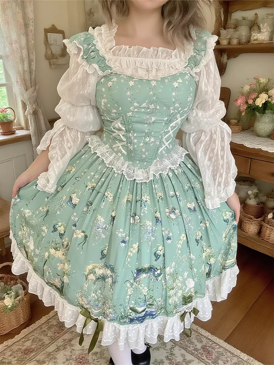 green tea party dress Vintage Green Floral Brocade Prom Tea Party Dress Square Collar 3/4 Sleeve Beading Crystal Long Formal Dress for Christmas