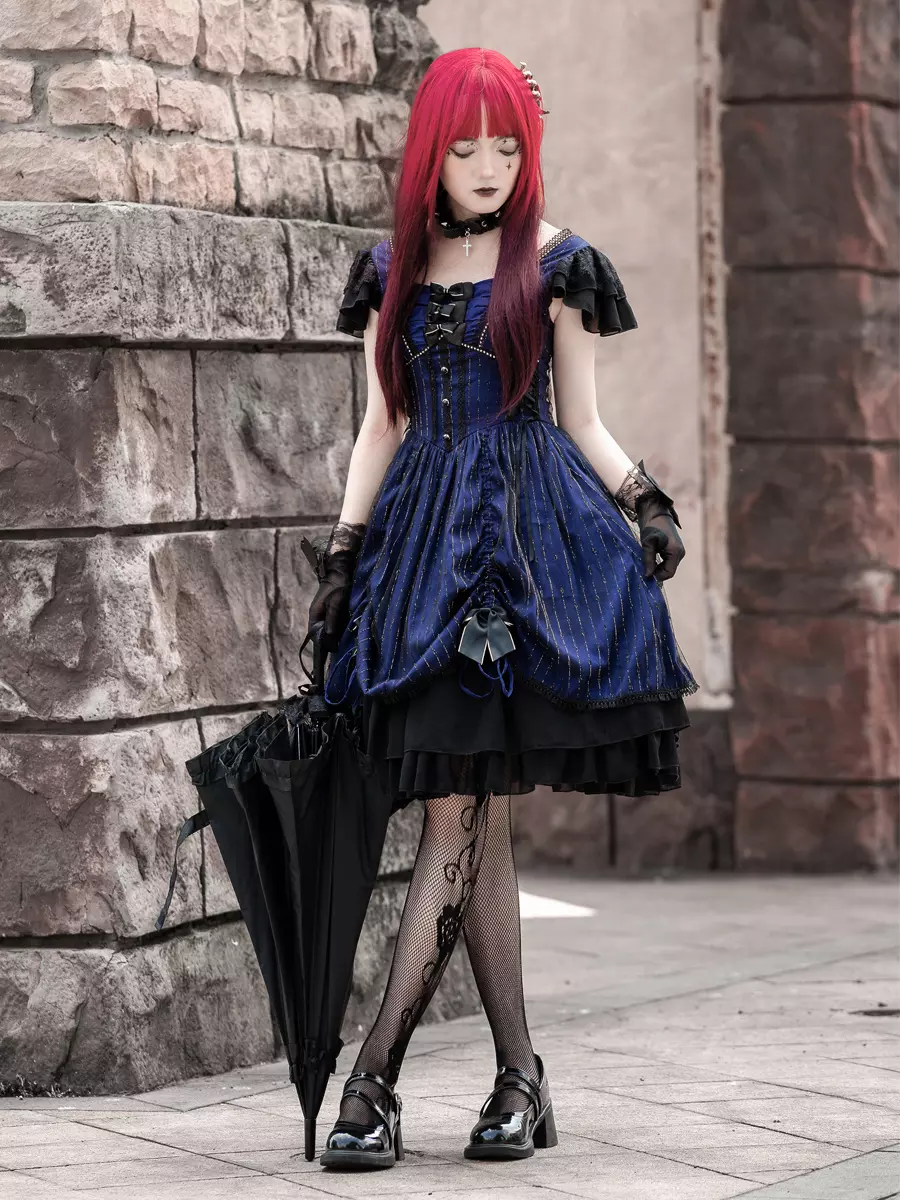 Lolitashow Exclusive Gothic Lolita Dresses Ruffles Bows Lace Stripes Blue Daily Casual Dress - Lolitashow.com Lolitashow Exclusive Gothic Lolita Dresses Ruffles Bows Lace Stripes Blue Daily Casual Dress - Lolitashow.com
