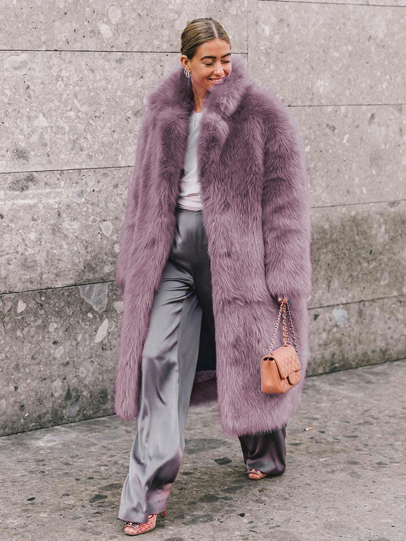 Kunstpelzmantel mit Revers einfarbig umweltfreundlich lange Winterjacke für Damen 2025