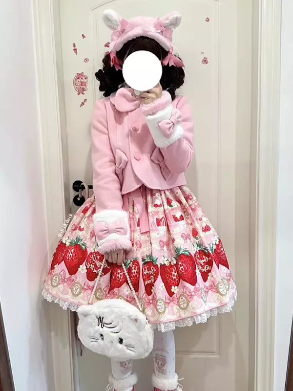 スイートロリータコート ピンクのリボンとポンポン付きポリエステル