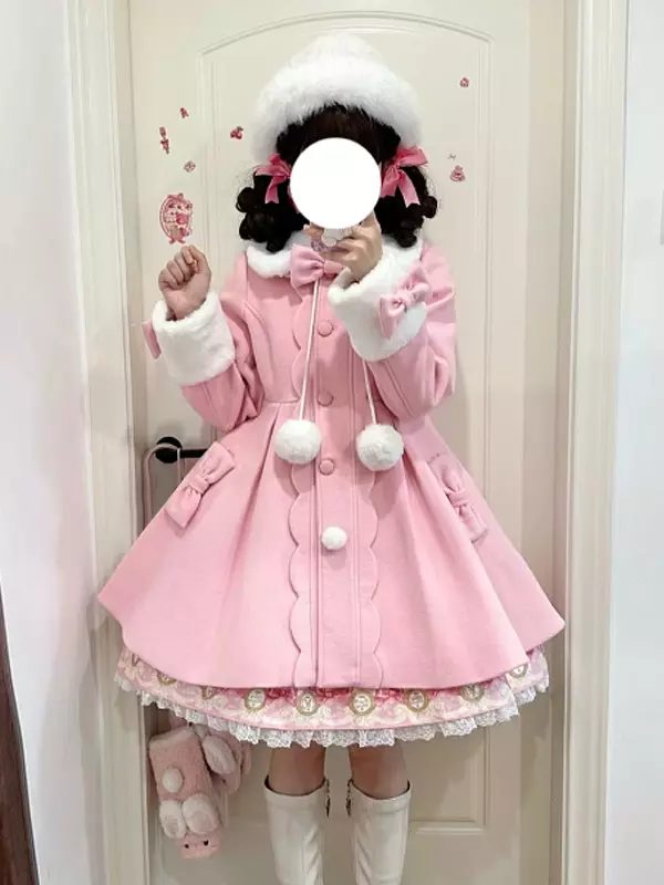 スイートロリータコート ピンクのリボンとポンポン付きポリエステル