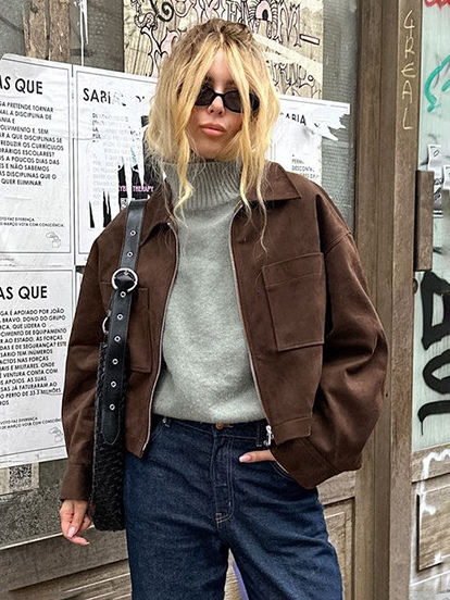 Braune Wildleder-Kurzjacke mit Reißverschluss und Taschen für Damen 2025