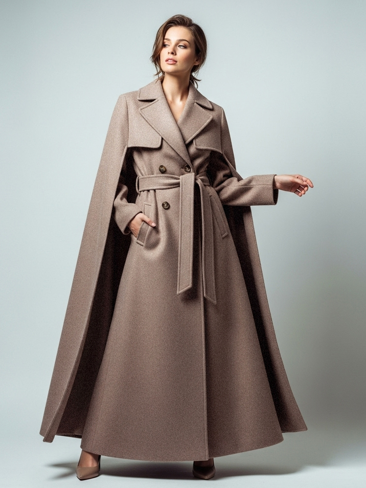 Maxi-Zweireiher-Wollmantel mit abnehmbarem Cape und Gürtel für Damen 2025