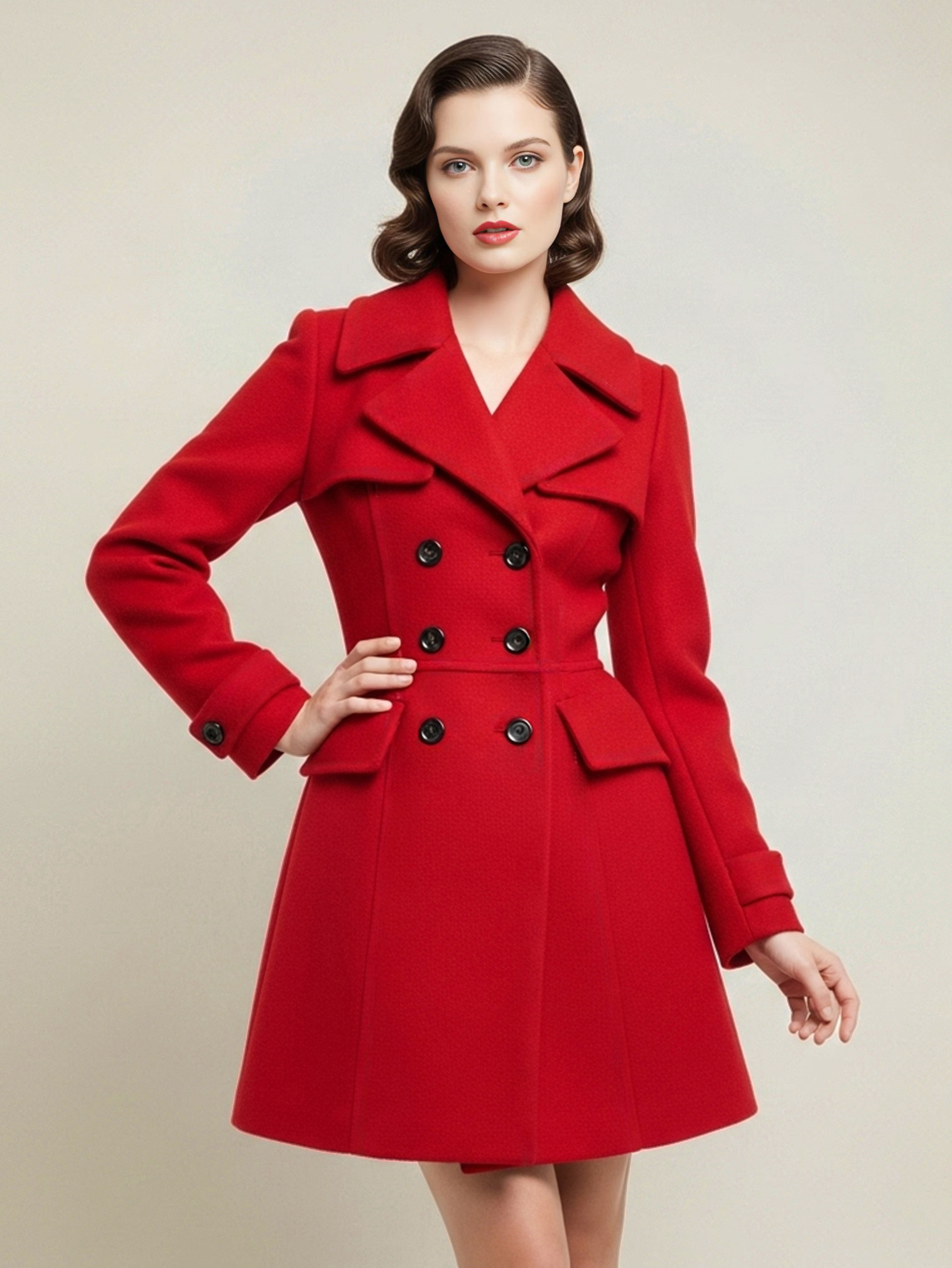 Vintage Roter Wollmantel mit zweireihigen Knöpfen für Frauen 2025