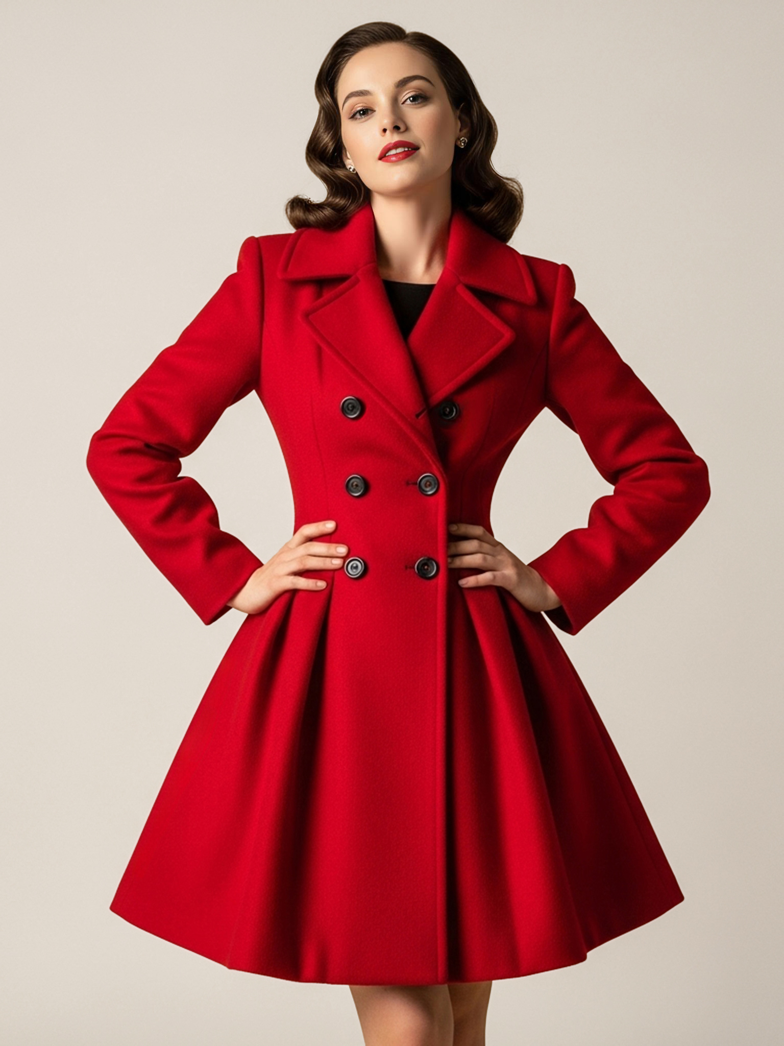 Retro Roter 50er Jahre Zweireihiger A-Linie Wollmantel für Damen 2025