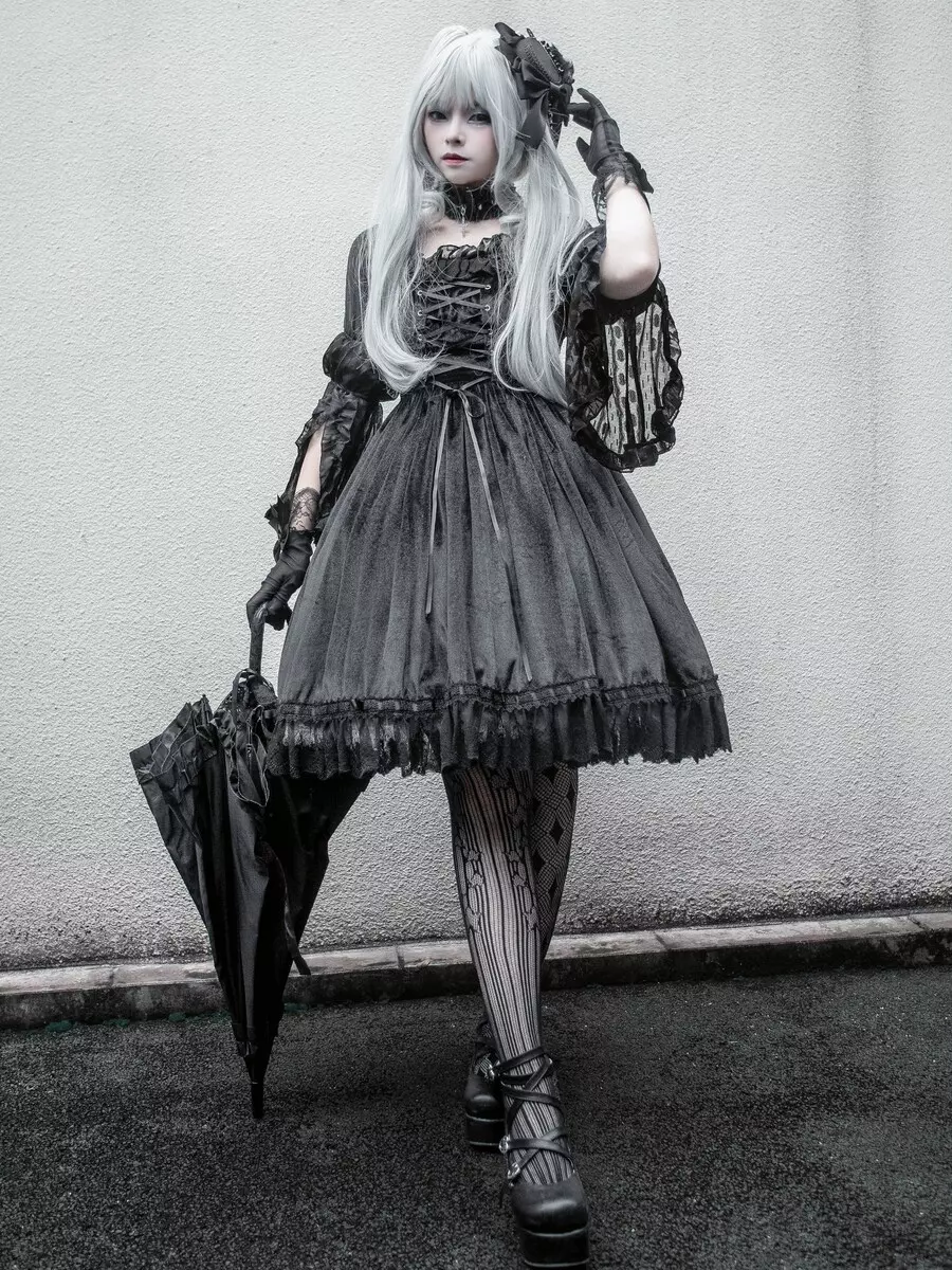black lolita dress Gothic for Women Long Sleeve Ruffled Moon Bow Dress Size S M L XL Bust 84 90 96 102 Waist 68 74 80 86 Full Length 86 87 88 89 Ainclu Cosplay Black Square Neck