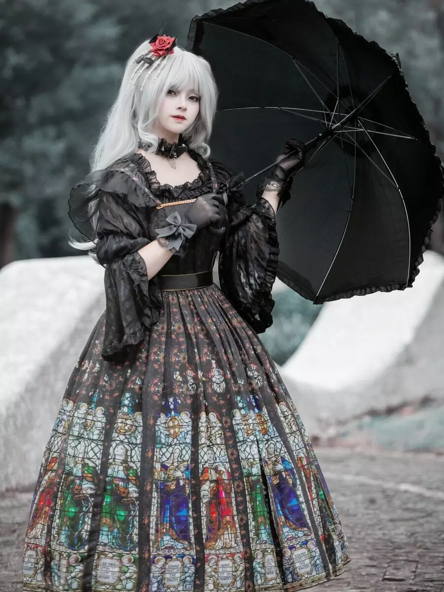 Lolitashow Exclusive Gothic Lolita Dress Elegant Black Church Stained Window Print High Waist - Lolitashow.com Lolitashow Exclusive Gothic Lolita Dress Elegant Black Church Stained Window Print High Waist - Lolitashow.com