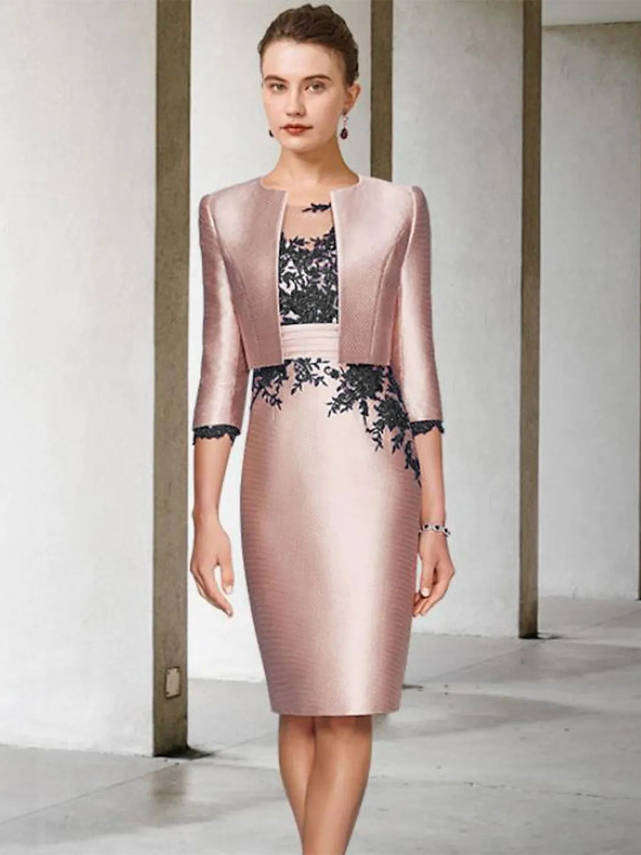 Brautmutterkleid mit Rundhalsausschnitt Halbarm Etuikleid aus Spitze knielang Gastkleider für die Hochzeit kostenlose Anpassung