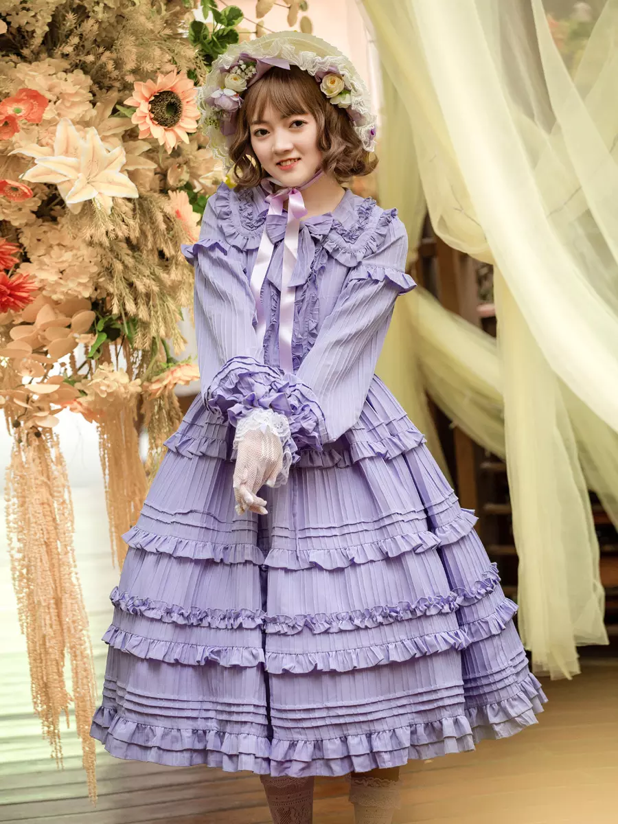 Lolitashow Exclusive Elegant Sweet Lolita Dress Lavender Ruffled Long-Sleeve Button-Up with Bow Accent - Lolitashow.com Lolitashow Exclusive Elegant Sweet Lolita Dress Lavender Ruffled Long-Sleeve Button-Up with Bow Accent - Lolitashow.com