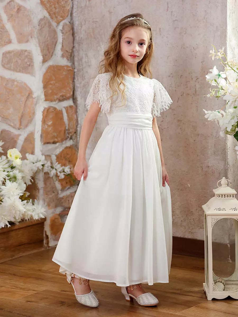 Vintage Girls White Lace Chiffon Flower Girl Dress With Heart Cutout Back  Ruffle Sleeves Princess A-Line Communion Wedding Pageant Dress -  Lolitashow.com