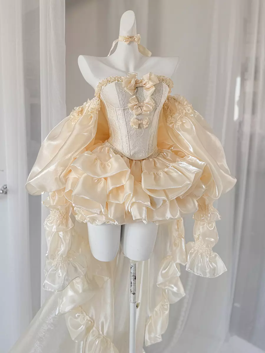 gold ballet dress Ballet Lolita Dress Light Gold Pants Top Ruffles Bows Sleeveless Sweet Dress  With Train
