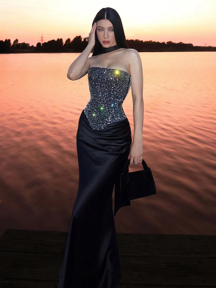 Rhinestone Lace Up Back Corset And Long Skirt Party 2-Piece Set For Women 2026 Rhinestone Lace Up Back Corset And Long Skirt Party 2-Piece Set For Women 2026