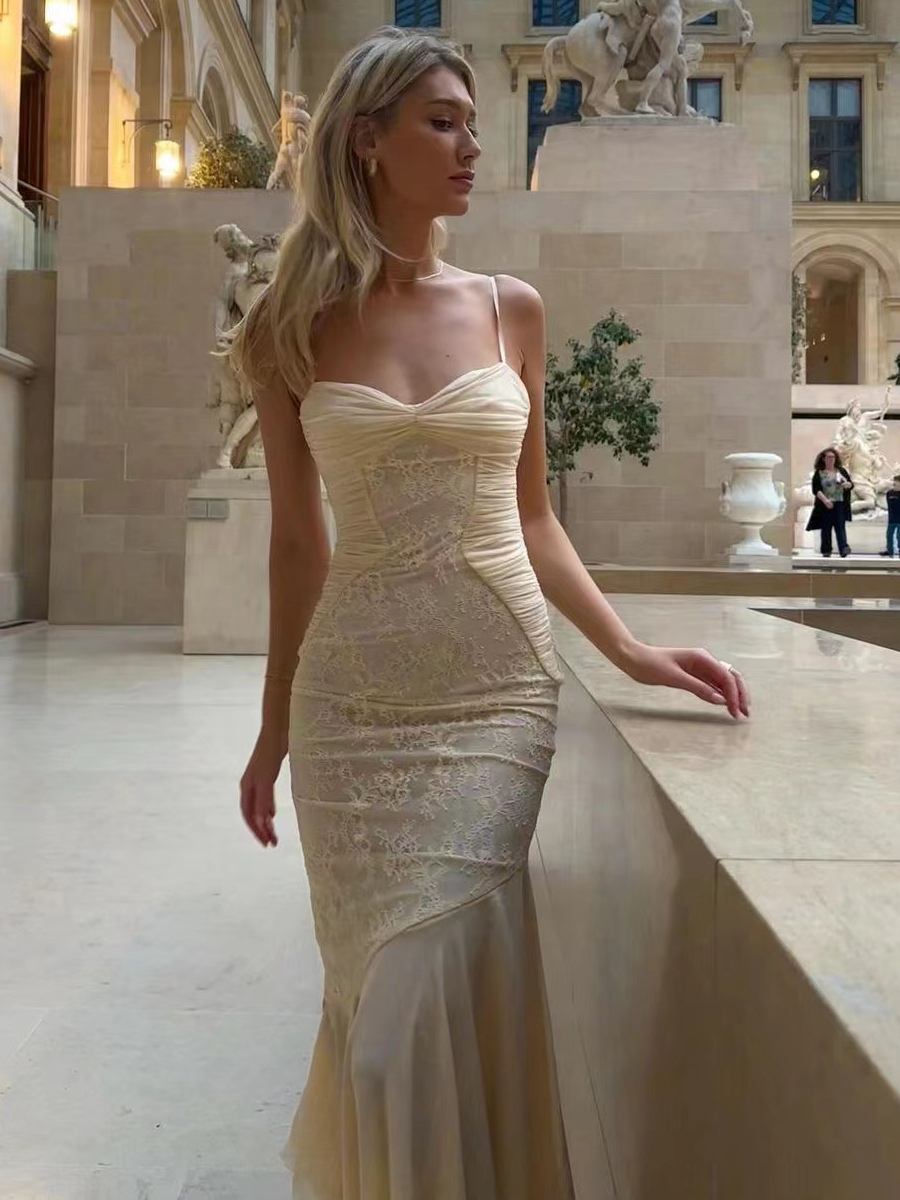 Lace Patchwork Ruched Cami Bodycon Mermaid Maxi Dress For Women 2026-image-1082324
