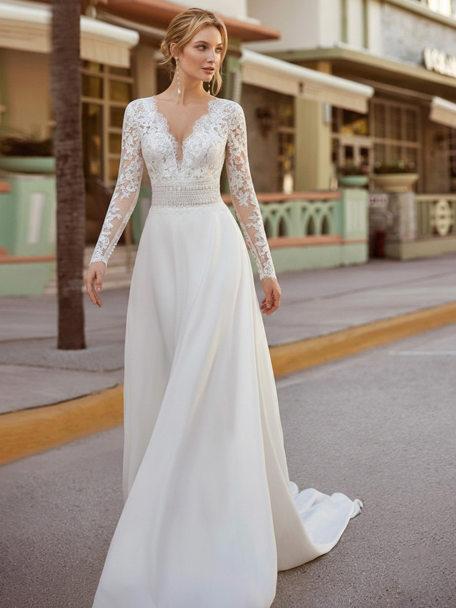 Vintage Wedding Dresses V-Neck Long Sleeves Natural Waist Lace With Train Lace Bridal Gowns