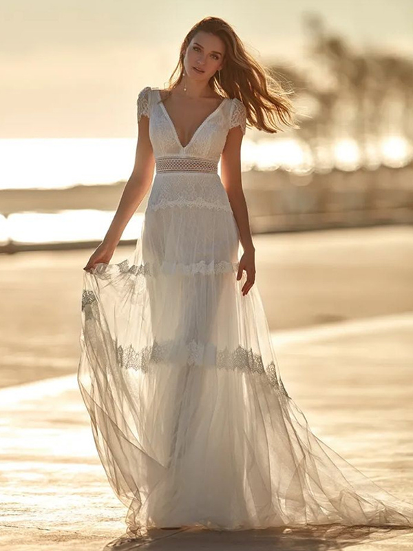 Boho Wedding Dress Tulle Lace A-Line With Train Natural Waist Wedding Dress Functional Buttons Short Sleeves V-Neck Ivory – milanoo.com