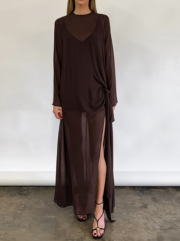 Sheer Mesh Long Sleeve Side Tie Slit Maxi Dress Cover-up For Women 2026 – milanoo.com