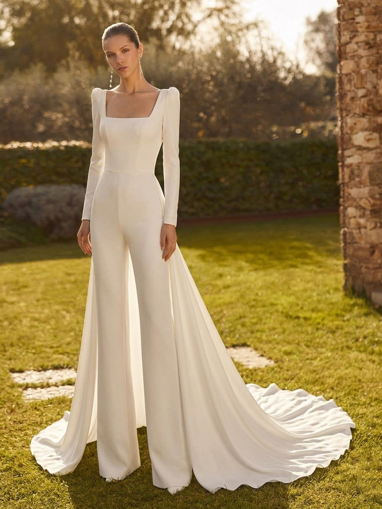 Combinaison de mariée 2 pièces en crêpe stretch avec nœuds et traîne col carré manches longues taille naturelle couleur ivoire