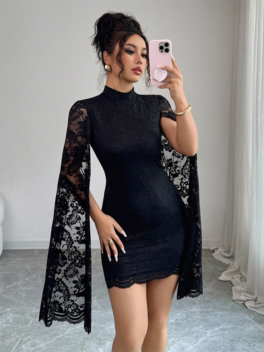 Cape Sleeve High Neck Floral Lace Bodycon Mini Dress For Women 2026-image-1082534