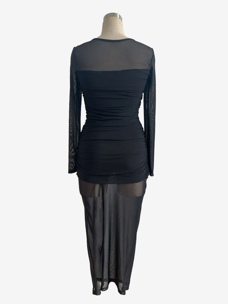 Ruched Mesh Patchwork Long Sleeve Bodycon Maxi Dress For Women 2026