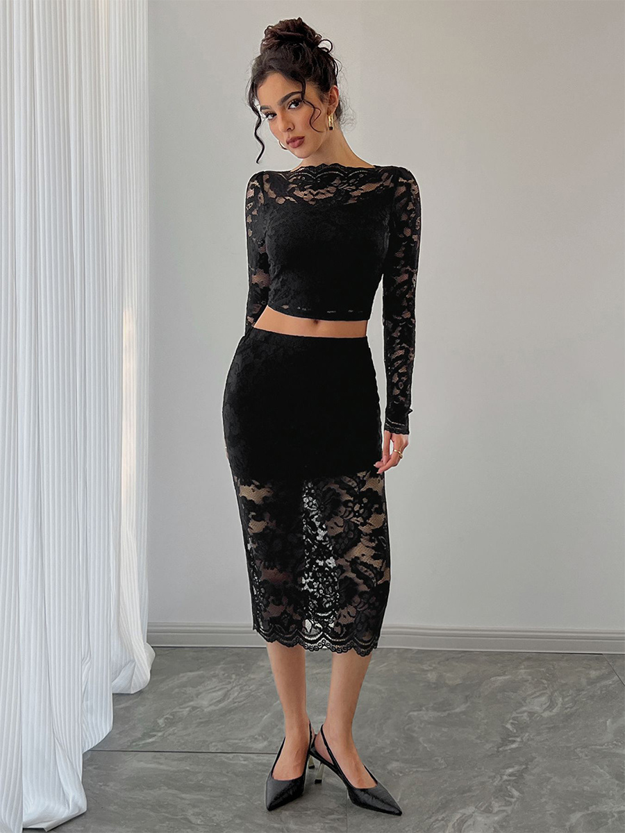 Floral Lace Long Sleeve Crop Top And Midi Skirt Two Piece Set For Women 2026 Floral Lace Long Sleeve Crop Top And Midi Skirt Two Piece Set For Women 2026
