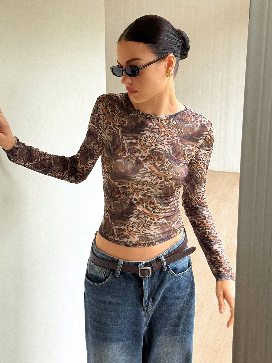 Abstract Print Mesh Slim Fit Long Sleeve Crew Neck Top For Women 2026-image-1082640