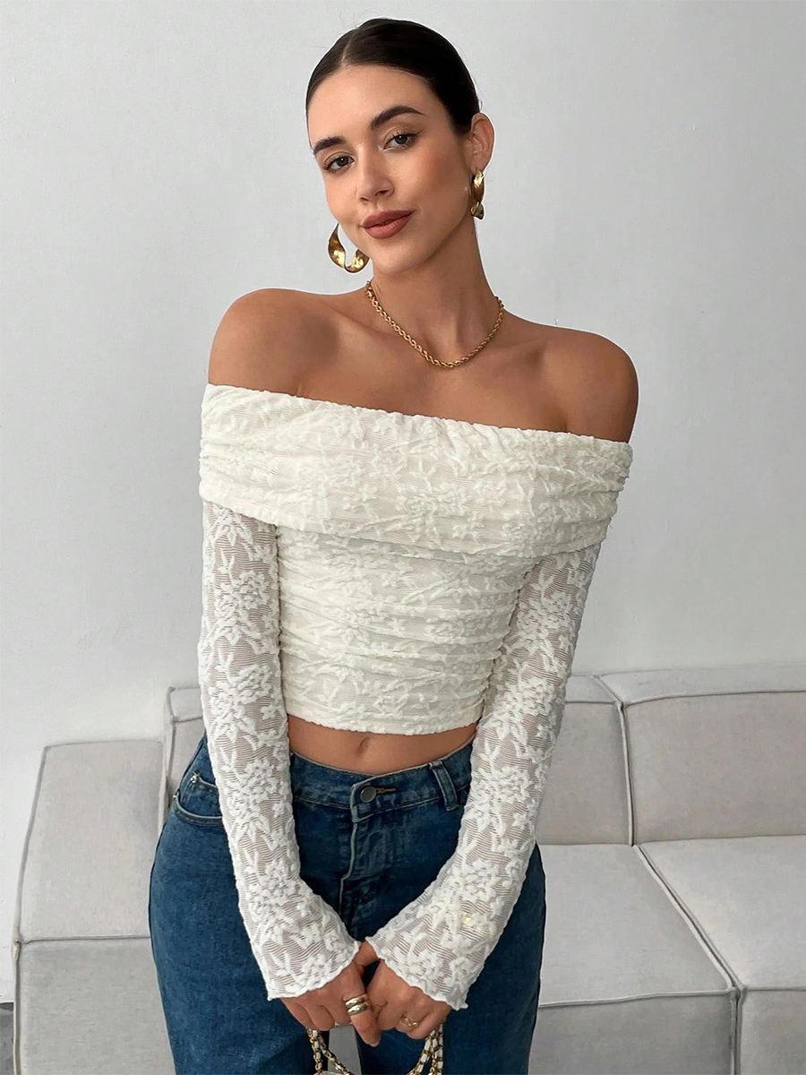 Off Shoulder Floral Lace Long Sleeve Ruched Slim Fit Top For Women 2026-image-1082650