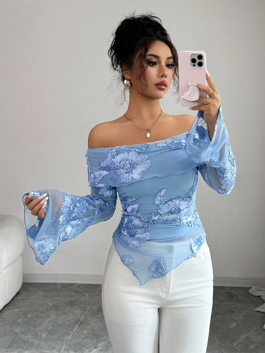 Off Shoulder Mesh Long Sleeve Top With 3D Floral Embroidery For Women 2026-image-1082652