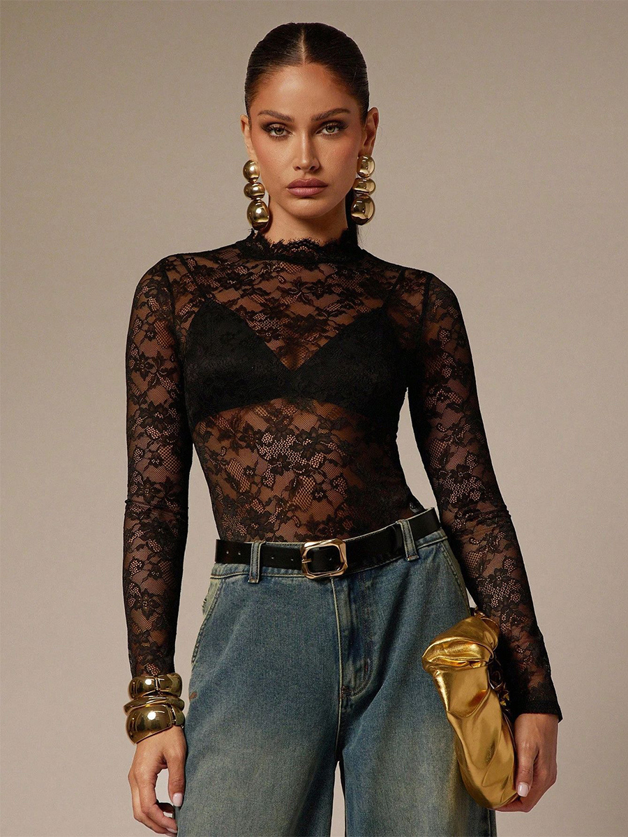 Lace Floral Mock Neck Long Sleeve Slim Fit Bodysuit For Women 2026-image-1082638
