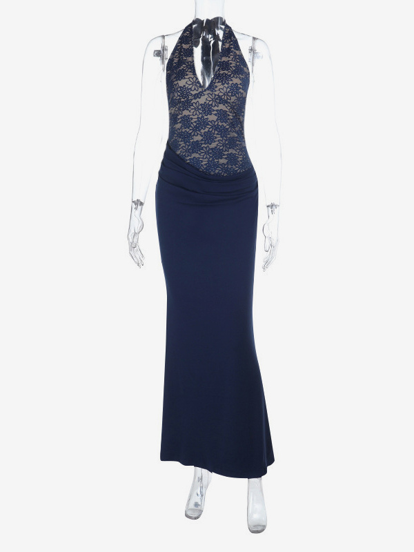Navy Blue Halter Women's Maxi Dress - Asymmetric Lace Patchwork Backless Gown - Sexy Bodycon Summer Birthday Party Wear 2026