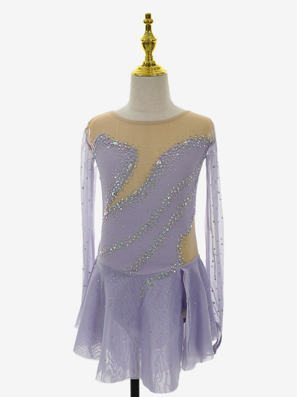 Lavender Skating Dress Elegant Beaded Long Sleeves Women Girls Skater Dress-image-1082928
