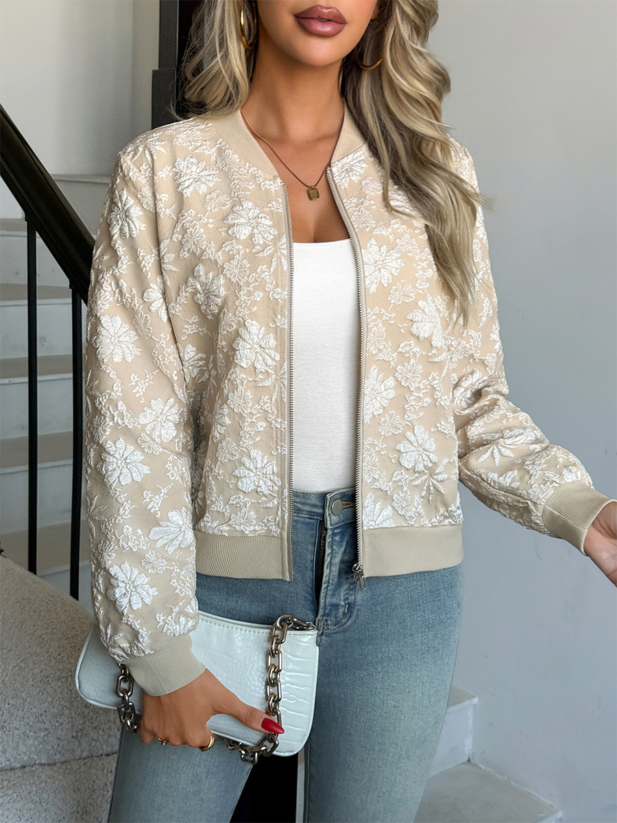 Floral Jacquard Women’s Bomber Jacket – Elegant 3D Embossed Flower Zip Up Slim Fit – Chic Spring Streetwear 2026