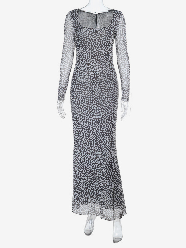 Polka Dot Mesh Women Maxi Dress - Retro Square Neck Long Sleeve Bodycon - French Chic Spring Vacation 2026